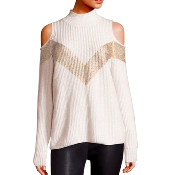 ZOË JORDAN Wool Cashmere Ivory With Gold Chevron Cold Shoulder Sweater S - Picture 1 of 10